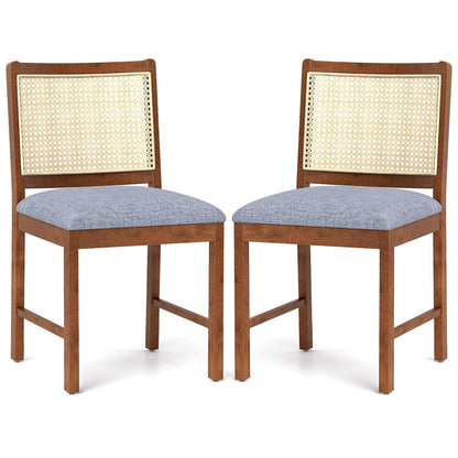 Rattan Dining Chair Set of 2 with Rubber Wood Frame and Linen Fabric Padded Seat-Walnut