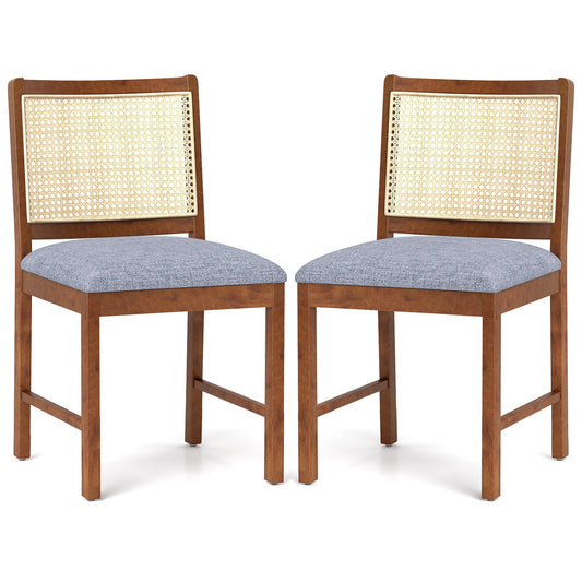Rattan Dining Chair Set of 2 with Rubber Wood Frame and Linen Fabric Padded Seat-Walnut