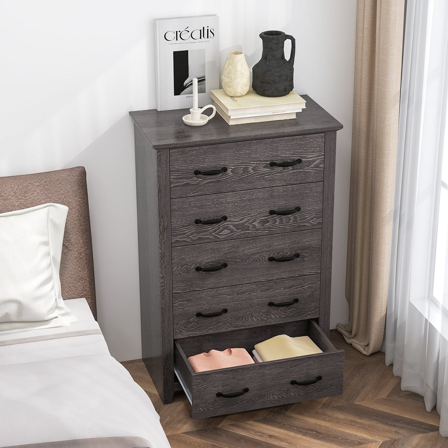 Tall Storage Dresser with 5 Pull-out Drawers for Bedroom Living Room-Gray