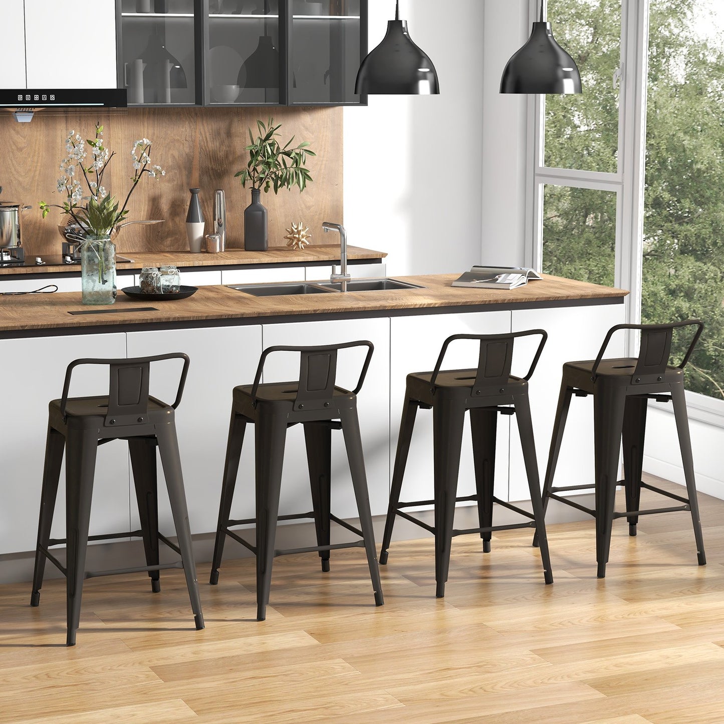 24 Inch Set of 4 Cafe Side Chairs with Rubber Feet and Removable Back-Black