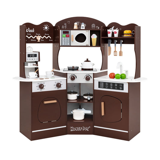 Corner Wooden Play Kitchen with Coffee Machine and Slide for Kids-Brown
