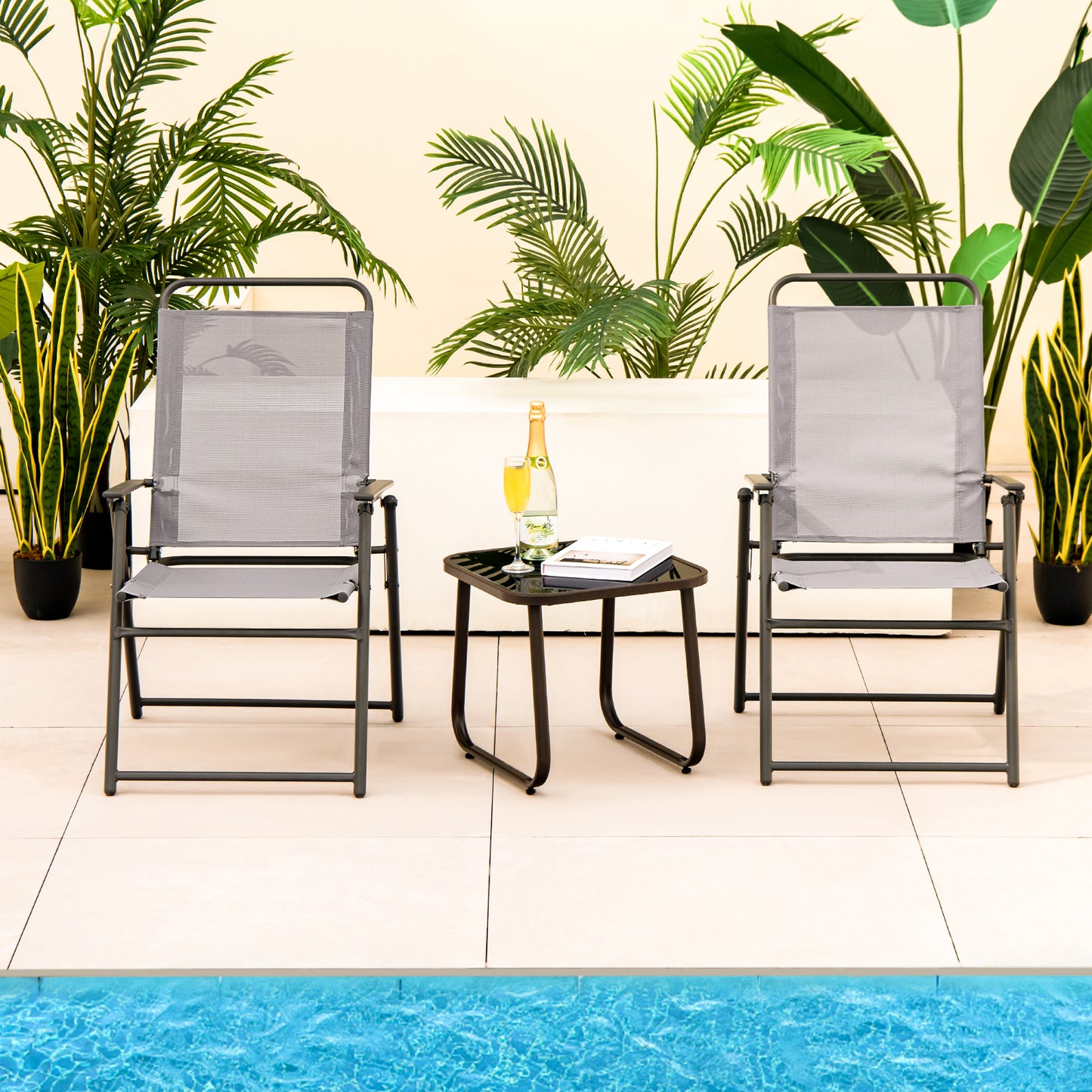 Outdoor Folding Sling Chairs with Armrest and Backrest-Black