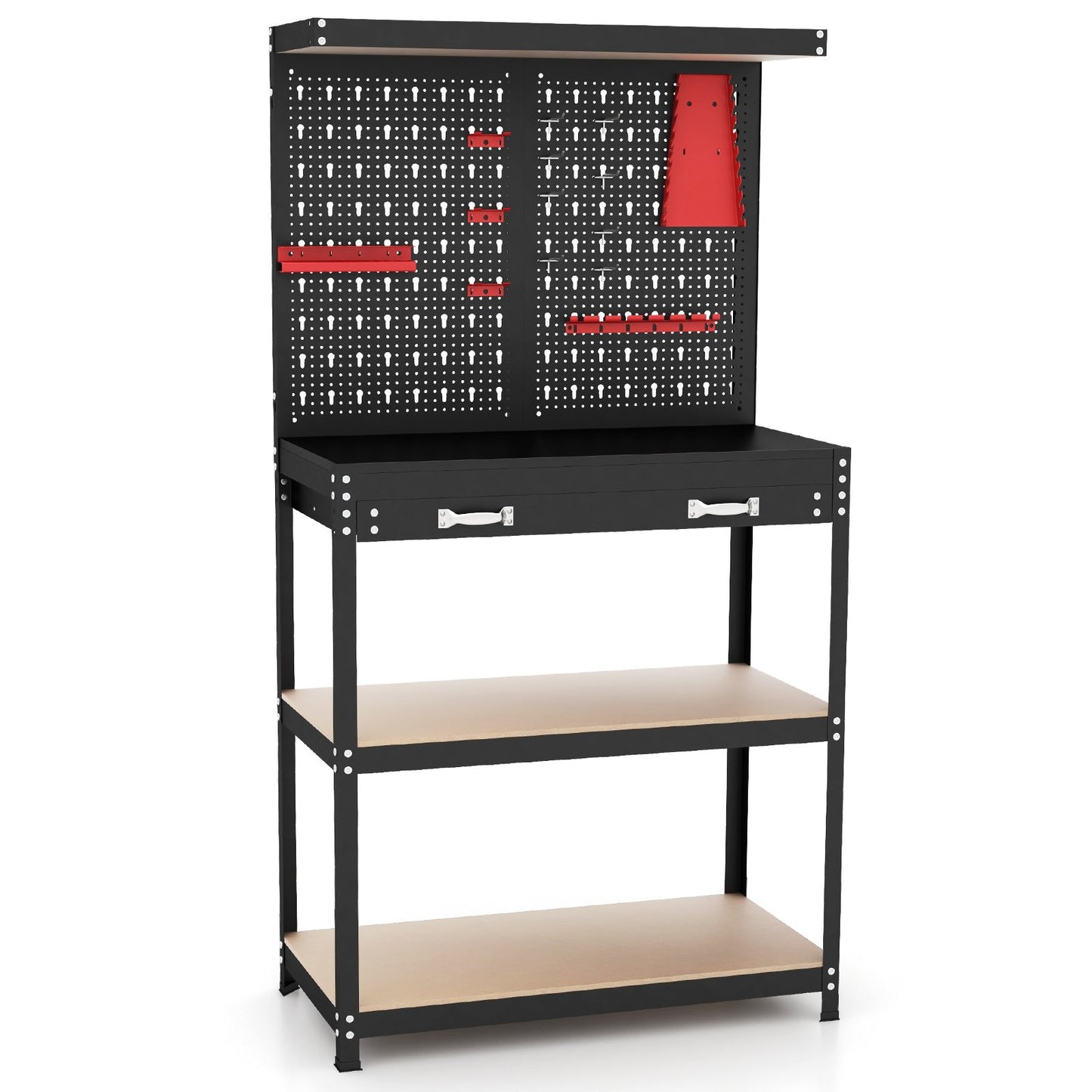 Tool Storage Workbench with Pegboard with 14 Hanging Accessories for Garage-Black and Blue