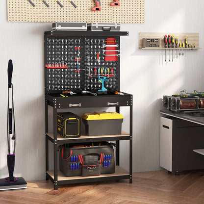 Tool Storage Workbench with Pegboard with 14 Hanging Accessories for Garage-Black and Blue