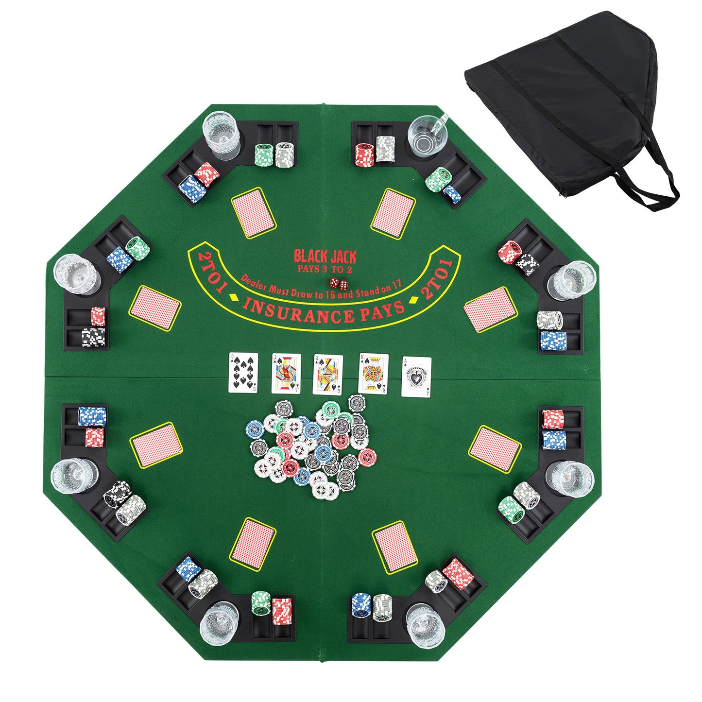 48 Inch 8-Player Foldable Poker Table Top with Carrying Bag and Cup Holders-Blue