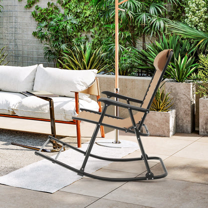 Outdoor Patio Headrest Folding Zero Gravity Rocking Chair-Beige