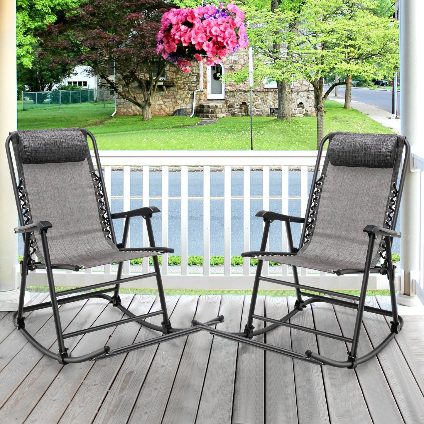 Outdoor Patio Headrest Folding Zero Gravity Rocking Chair-Beige