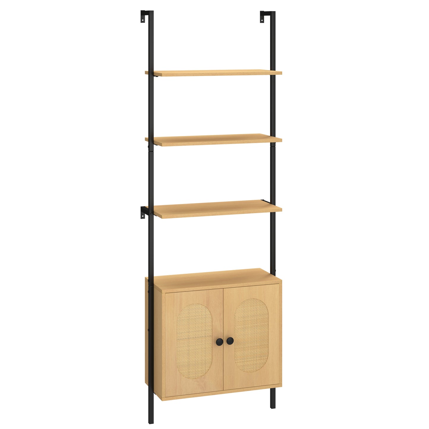 72.5 Inch 6-Tier Wall Mounted Ladder Bookshelf with Rattan Cabinet-Natural