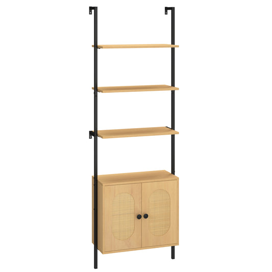 72.5 Inch 6-Tier Wall Mounted Ladder Bookshelf with Rattan Cabinet-Natural