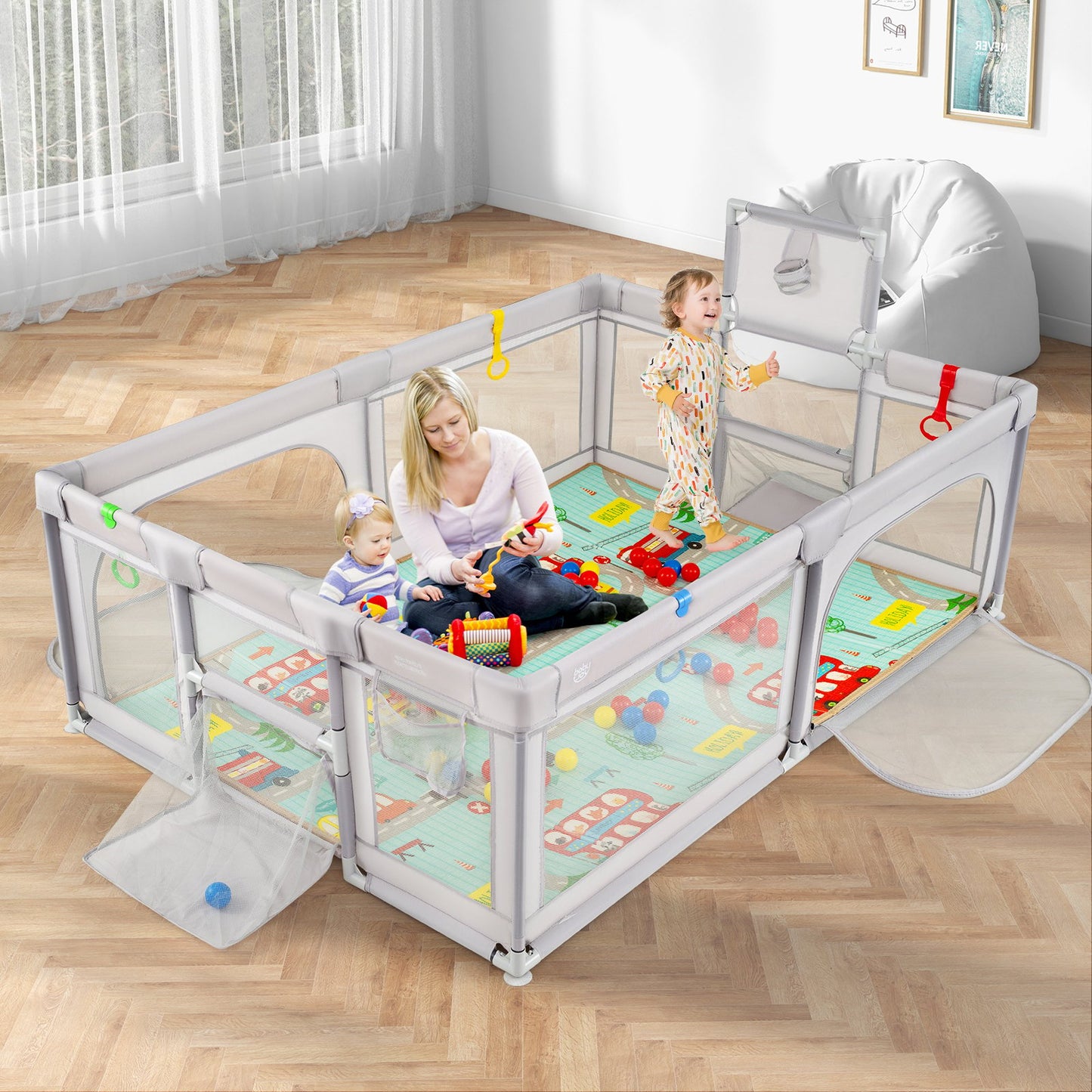 Large Baby Playpen with Mat and Ocean Balls-Dark gray