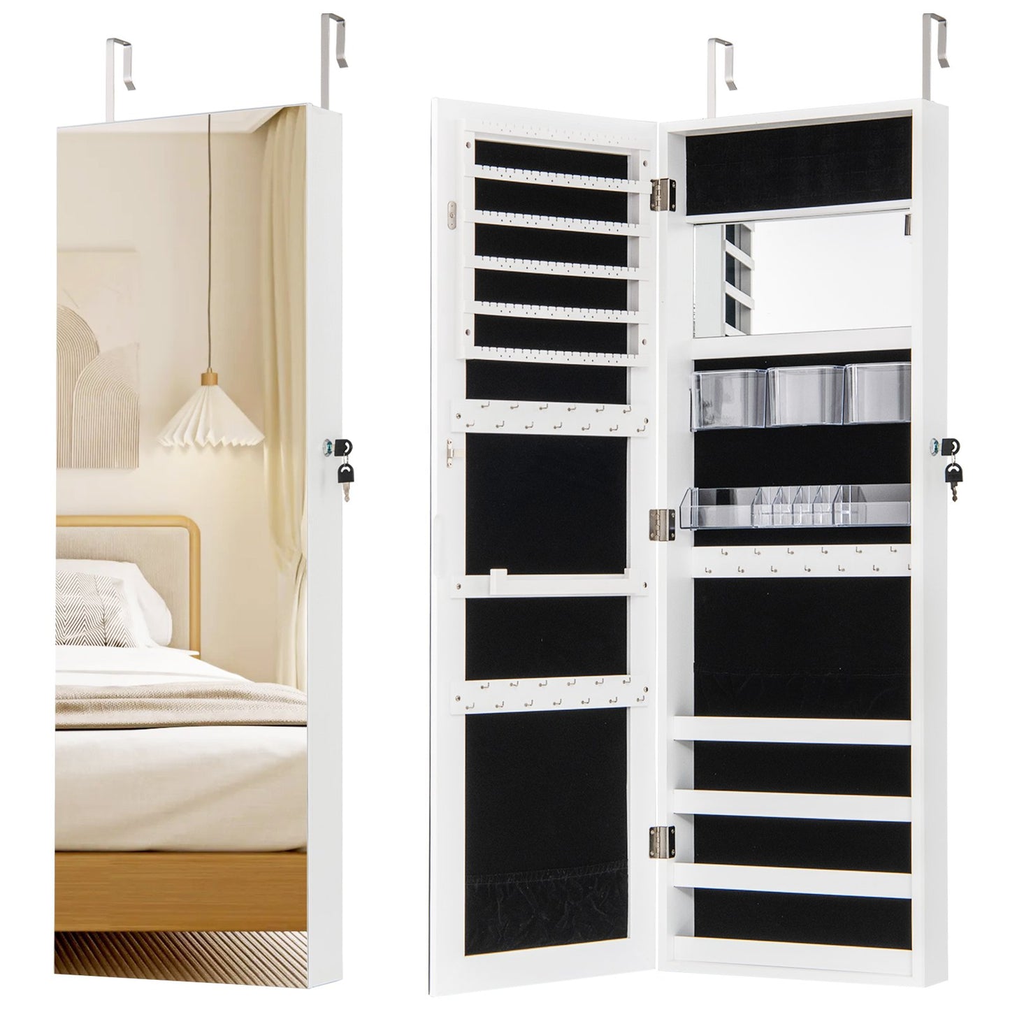 43.5 Inch Jewelry Mirror Cabinet with Full-length Mirror and Adjustable Hangers-Dark Brown