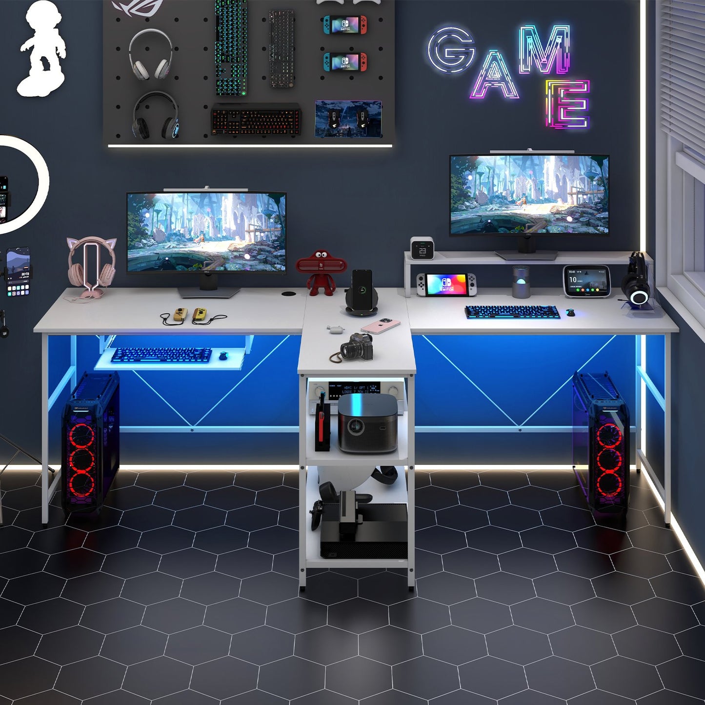 2-Person Reversible Computer Desk Long Office Desk with LED Lights-Black