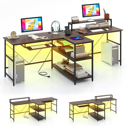 2-Person Reversible Computer Desk Long Office Desk with LED Lights-Black