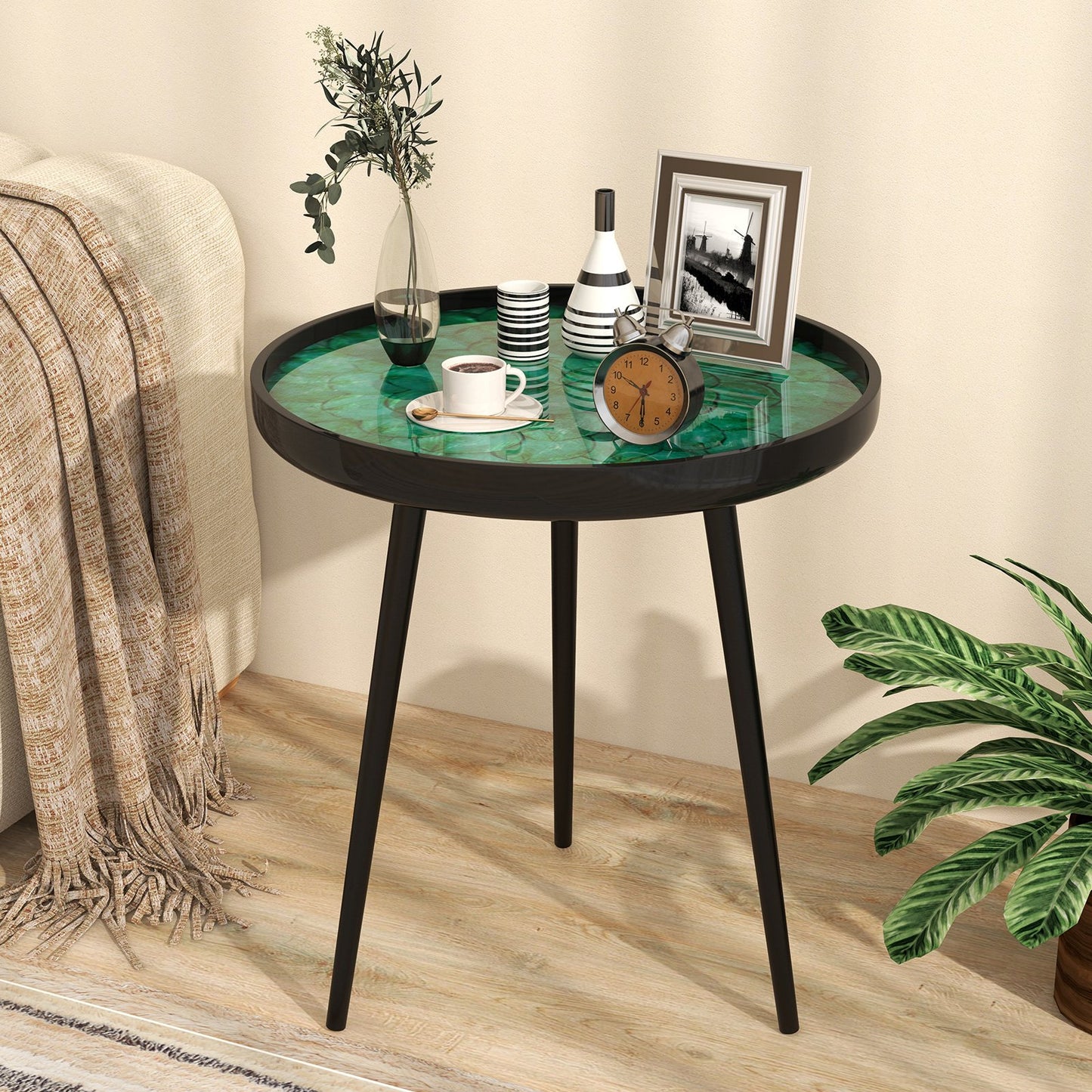 20 Inch Mid-century Modern Coffee End Table with Sea Shell Decoration-Green