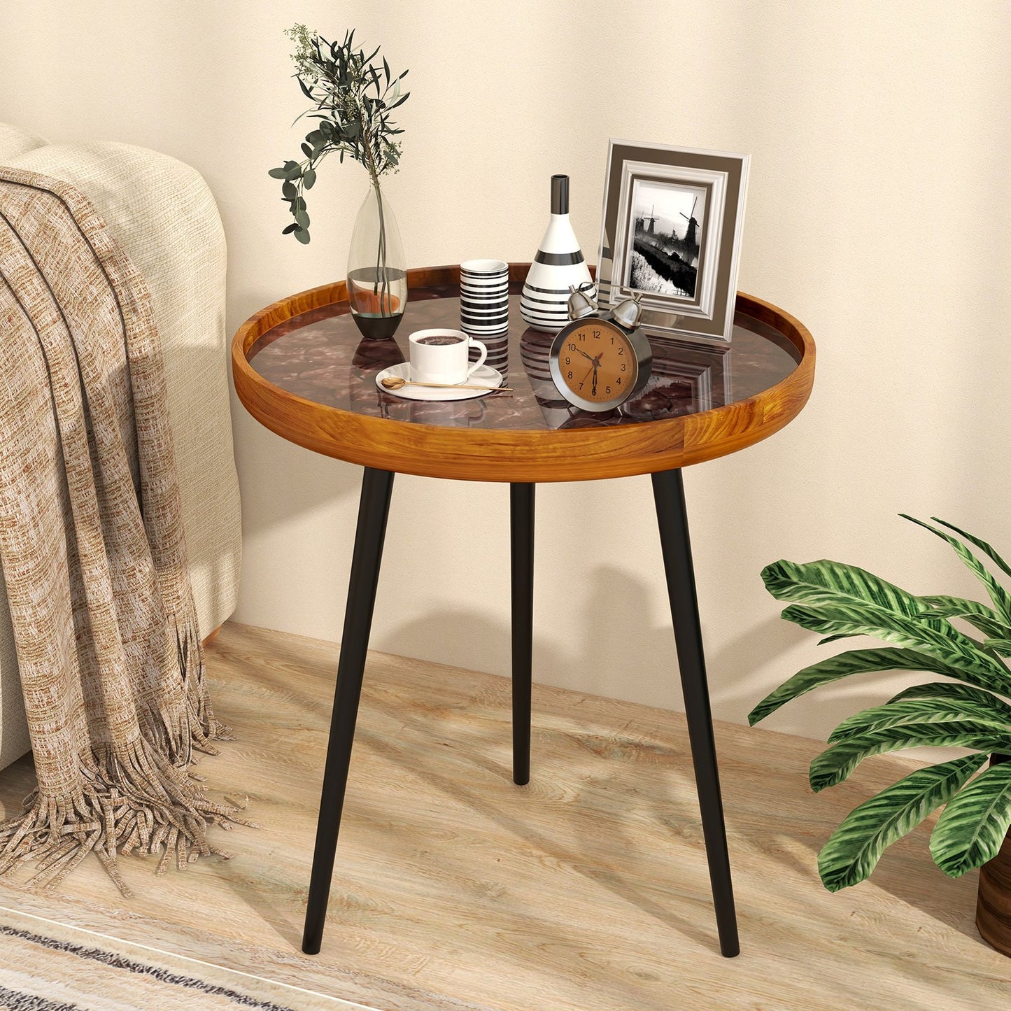 16 Inch Round End Table with Sea Shell Decoration and Epoxy Resin Finish-Brown