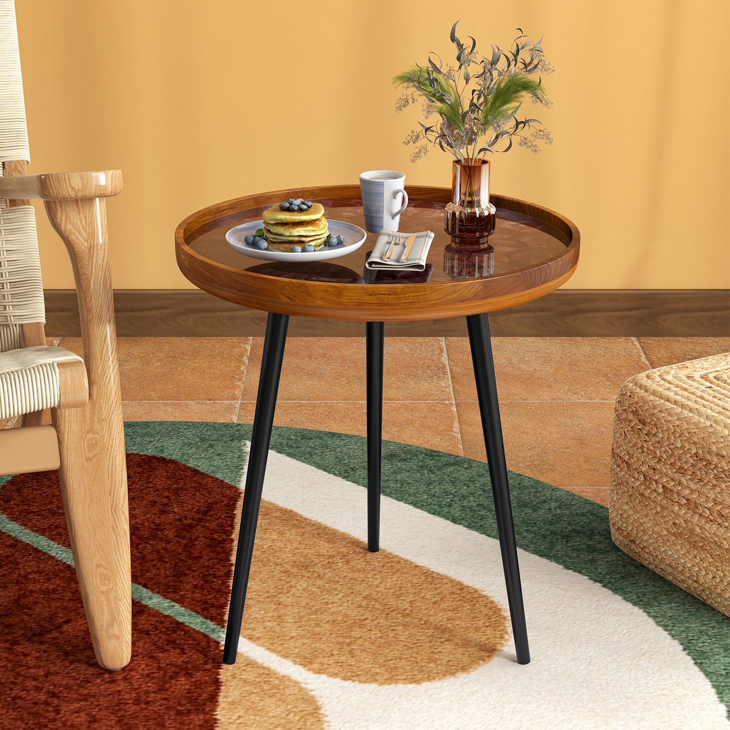 16 Inch Round End Table with Sea Shell Decoration and Epoxy Resin Finish-Brown