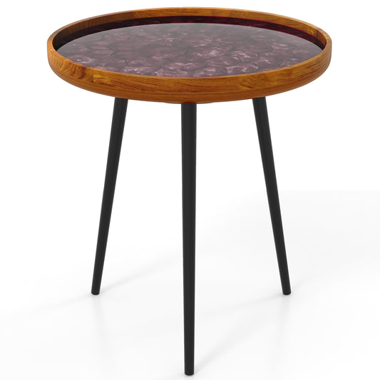 Brown 20-inch round end table with sea shell decoration and epoxy resin finish, perfect for living room decor.
