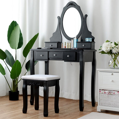 Wooden Vanity Set with 360° Rotating Oval Mirror and Cushioned Stool-Black