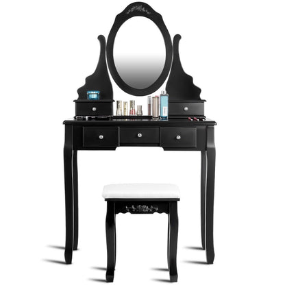 Wooden Vanity Set with 360° Rotating Oval Mirror and Cushioned Stool-Black