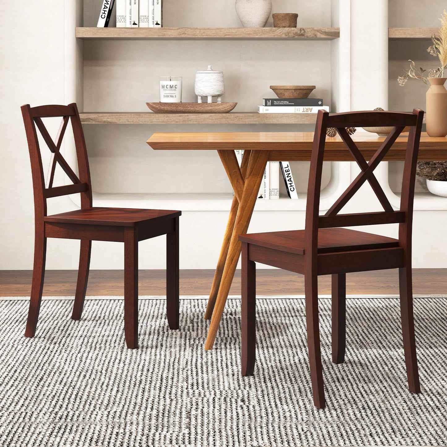 Wood Dining Chair Set of 2 with Rubber Wood Legs and Curved Backrest-Black