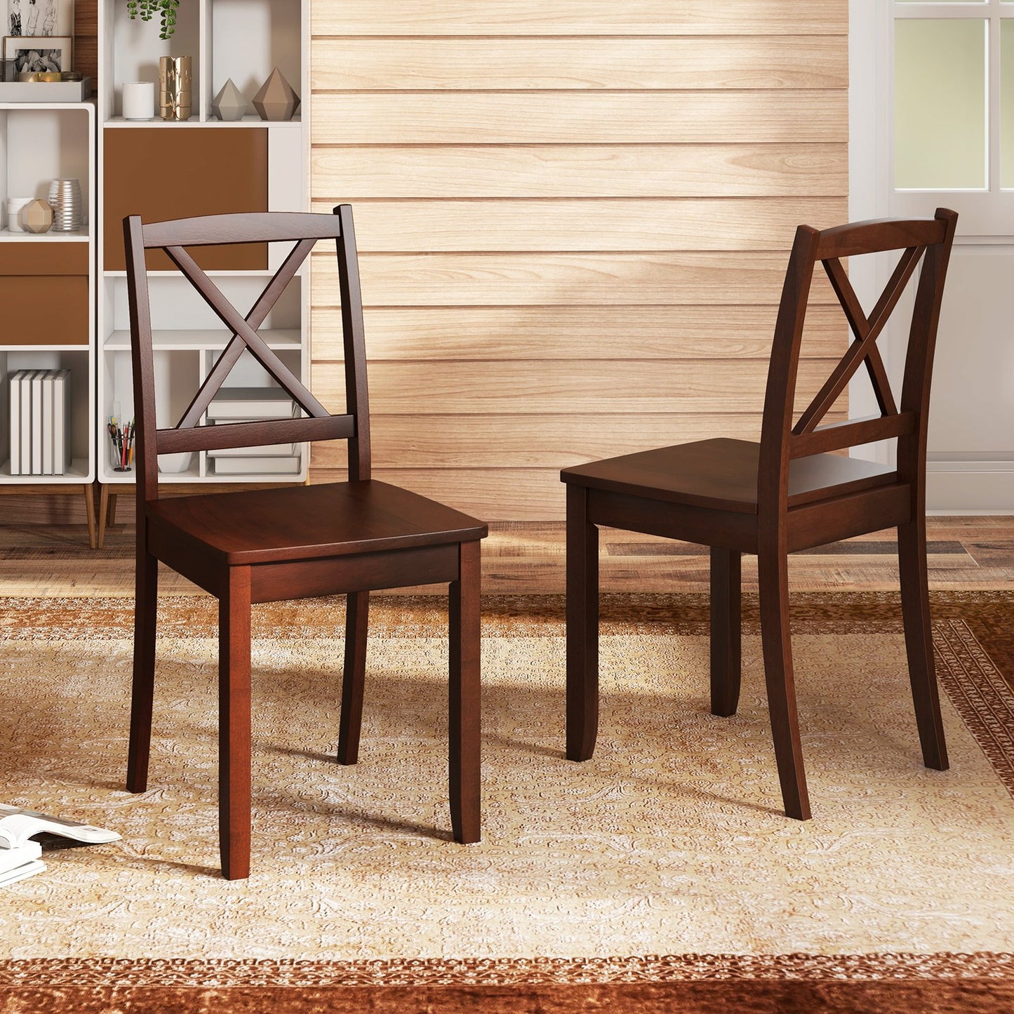 Wood Dining Chair Set of 2 with Rubber Wood Legs and Curved Backrest-Black