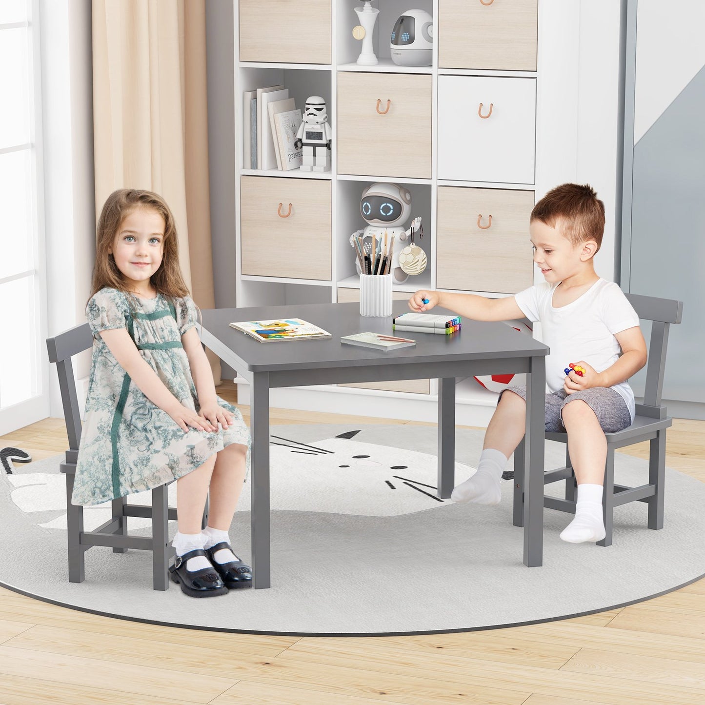 Wooden Kids Table and 2 Chairs Set with Anti-slip Foot Pads-Gray