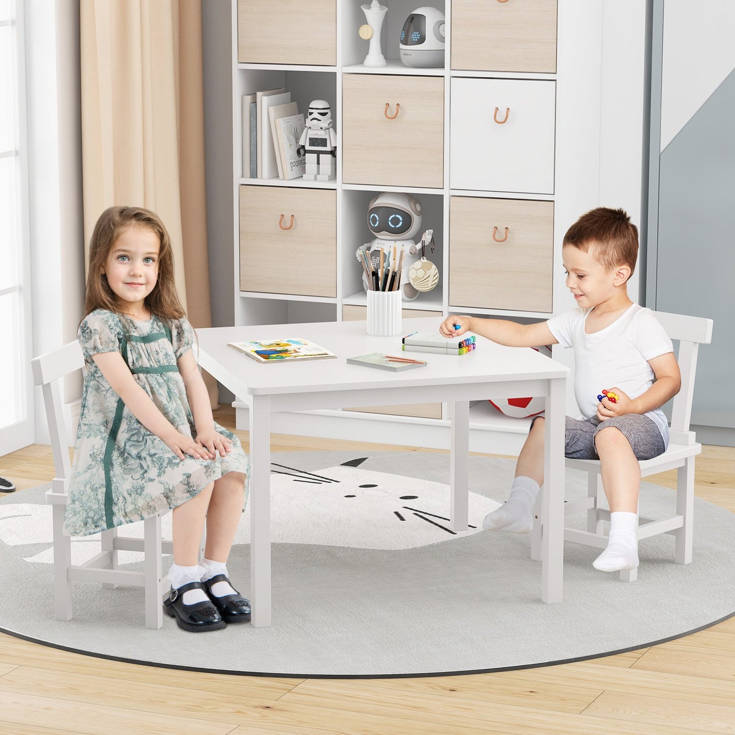 Wooden Kids Table and 2 Chairs Set with Anti-slip Foot Pads-Gray