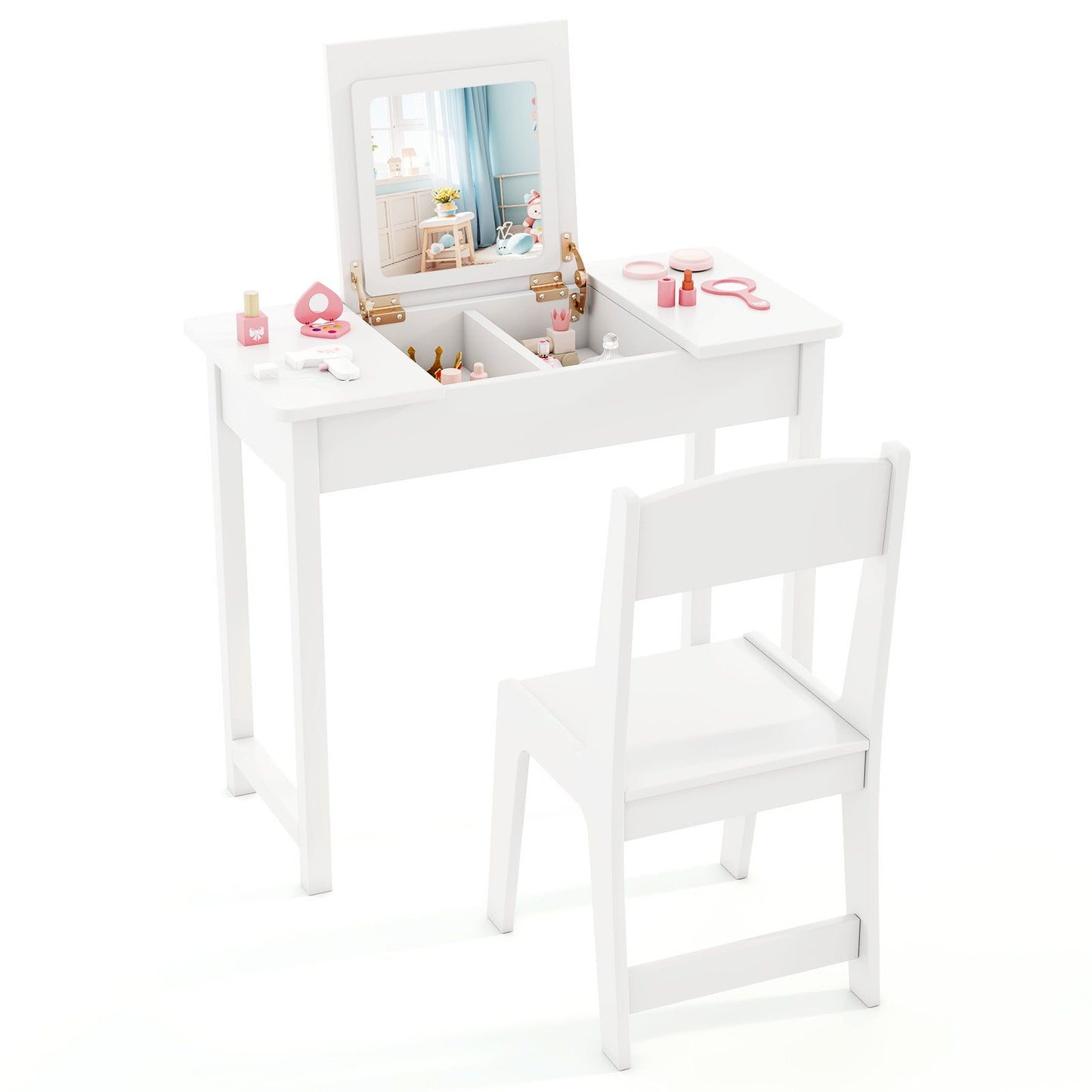 2-in-1 Kids Vanity Makeup Table and Chair Set with Flip Top Mirror-Pink