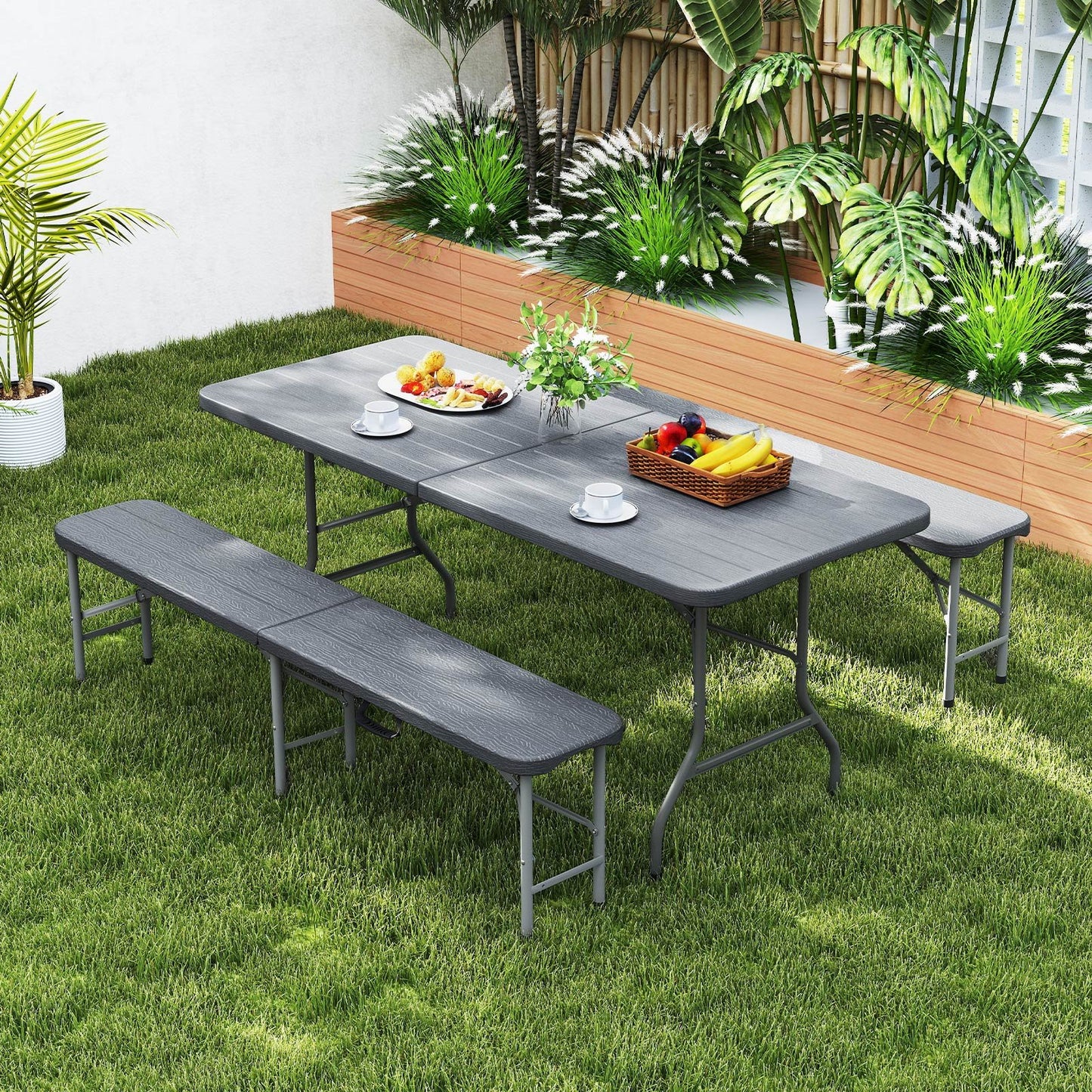 6 Feet Folding HDPE Bench with 1320 LBS Capacity and Handle Lock-Brown