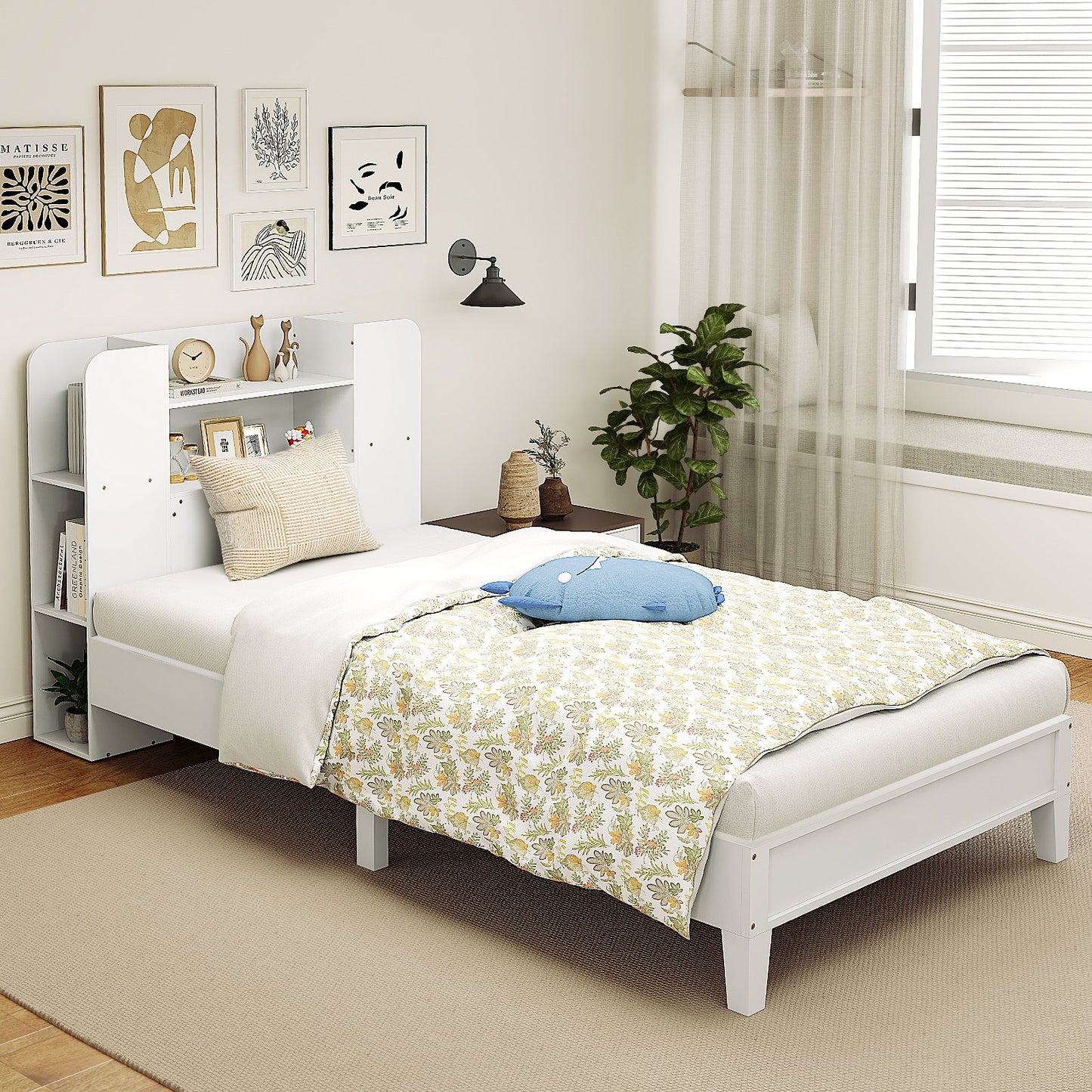 Twin Size Wooden Platform Bed Frame with Bookcase Headboard-Gray