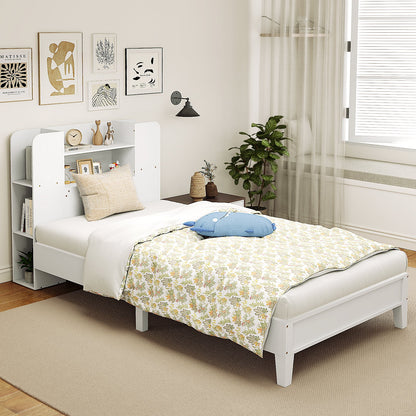 Twin Size Wooden Platform Bed Frame with Bookcase Headboard-Gray