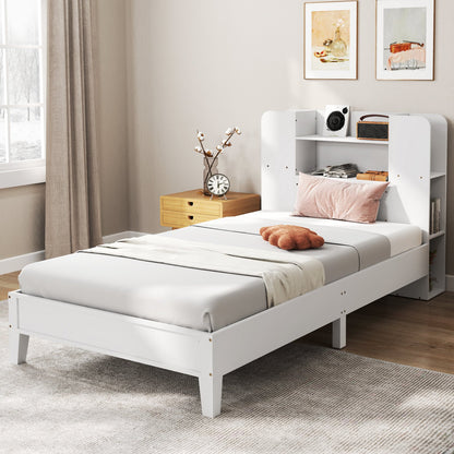 Twin Size Wooden Platform Bed Frame with Bookcase Headboard-Gray