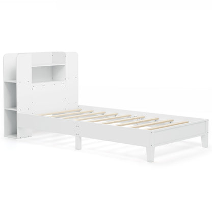 Twin Size Wooden Platform Bed Frame with Bookcase Headboard-Gray