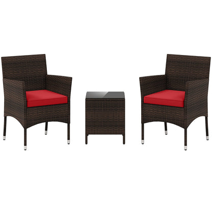 3 Pieces Outdoor Conversation Set with Cushioned Seat and Glass Tabletop-Beige