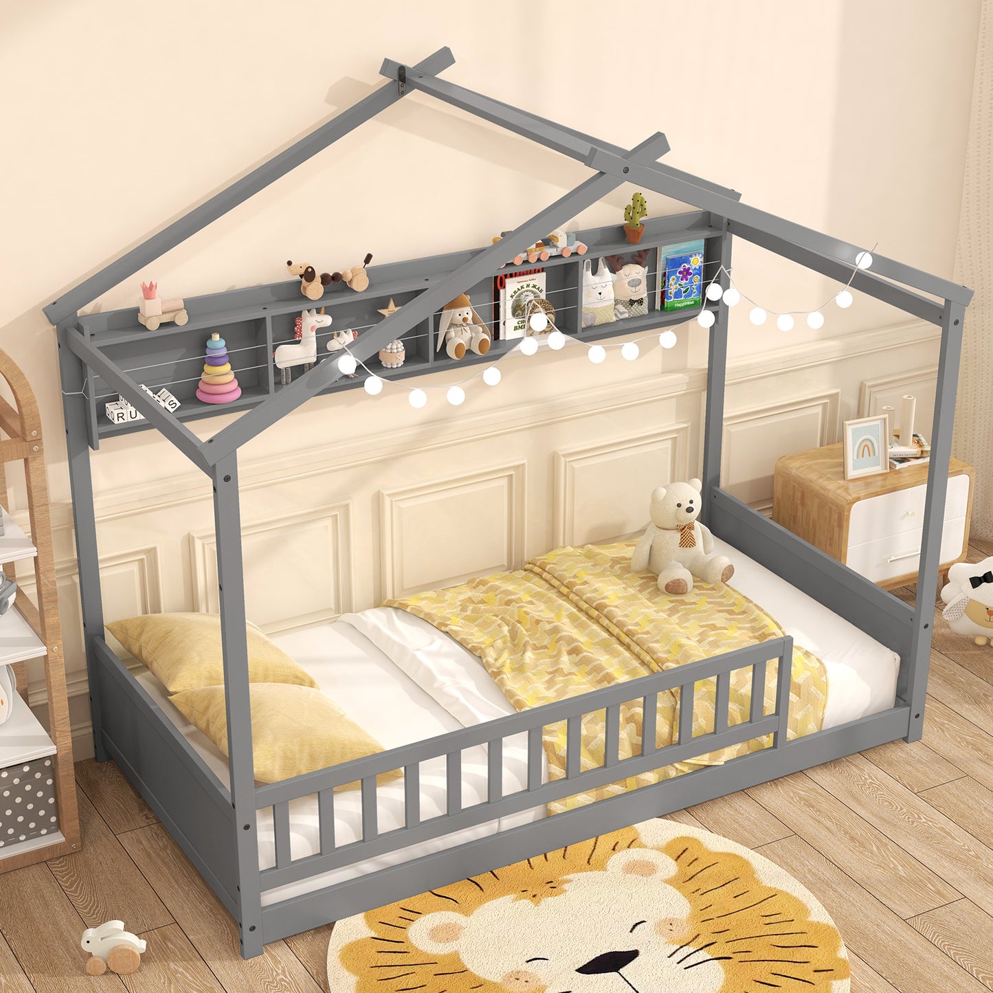 Twin Size House Bed with Storage Shelf and Headboard-Gray