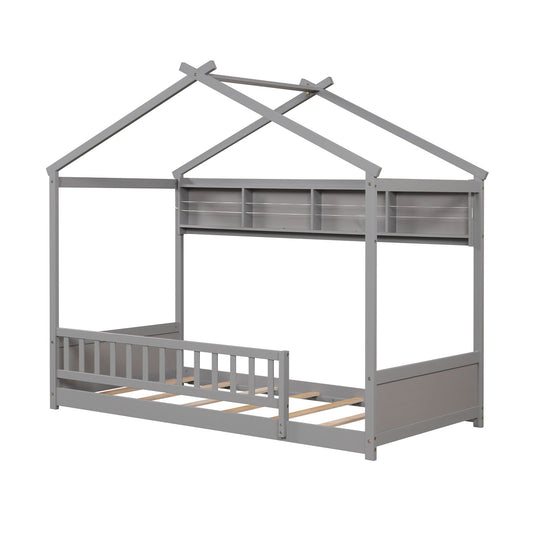 Twin Size House Bed with Storage Shelf and Headboard-Gray