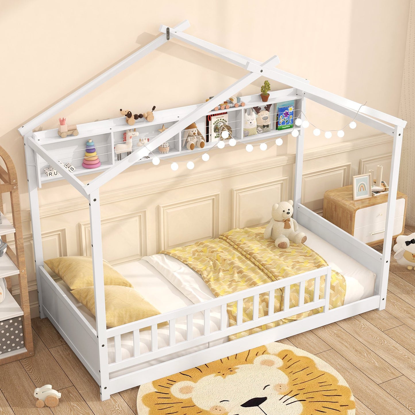 Twin Size House Bed with Storage Shelf and Headboard-Gray