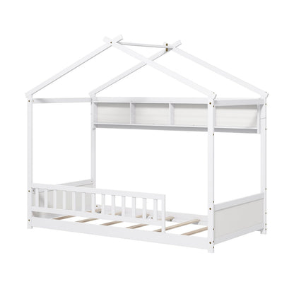 Twin Size House Bed with Storage Shelf and Headboard-Gray