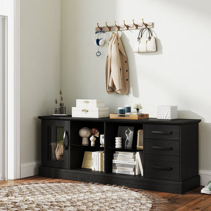 63 Inches Media Console Table with 3 Drawers and 2 Glass Shelves-Black
