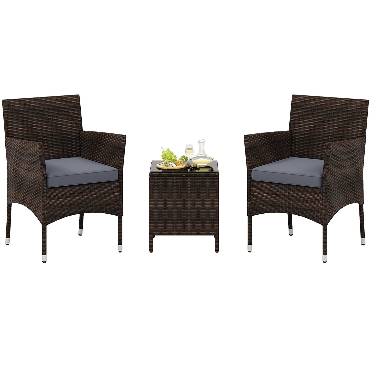 3 Pieces Outdoor Conversation Set with Cushioned Seat and Glass Tabletop-Beige