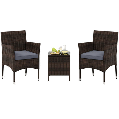 3 Pieces Outdoor Conversation Set with Cushioned Seat and Glass Tabletop-Beige