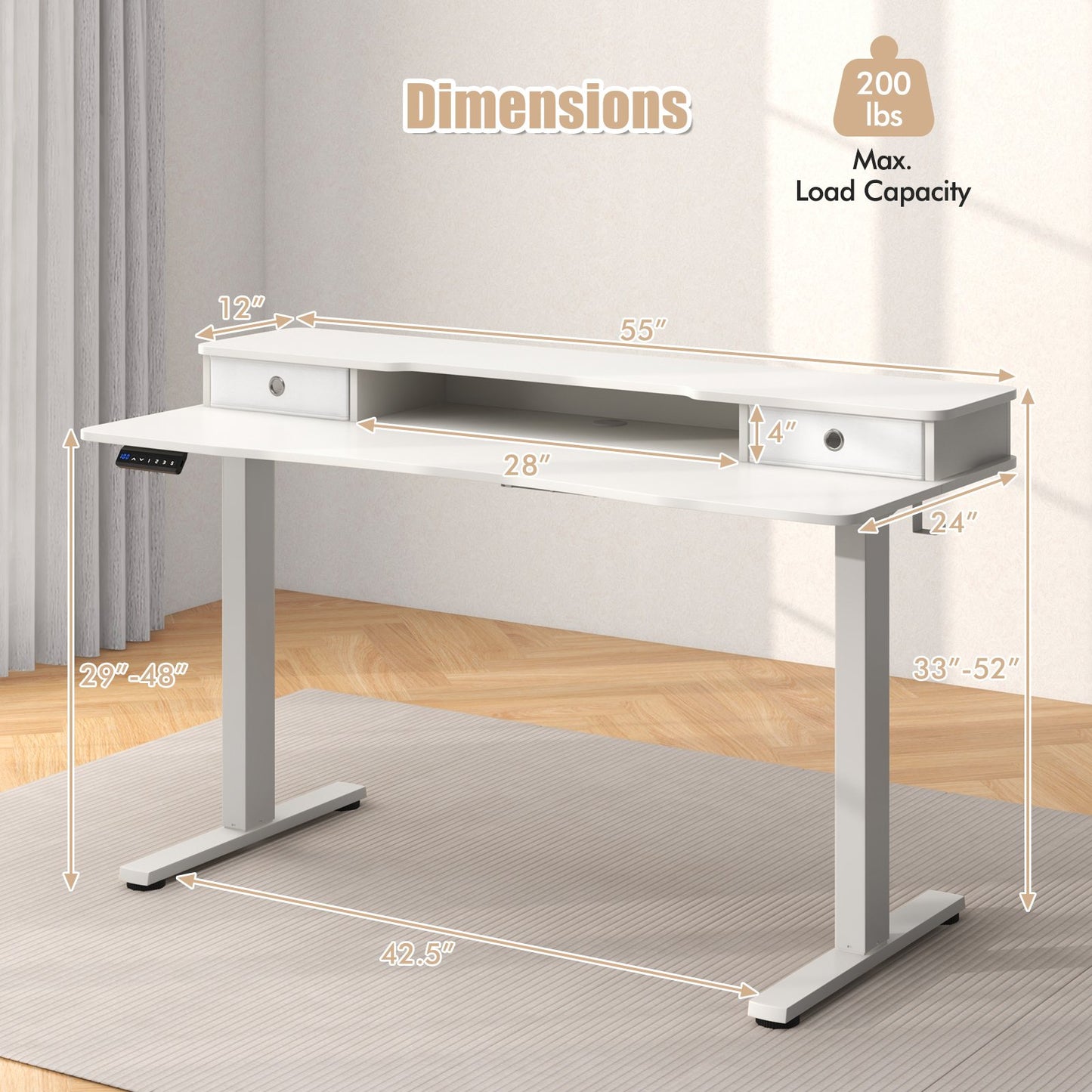 55 Inch x 24 Inch Height Adjustable Electric Standing Desk with 2 Drawers-Black