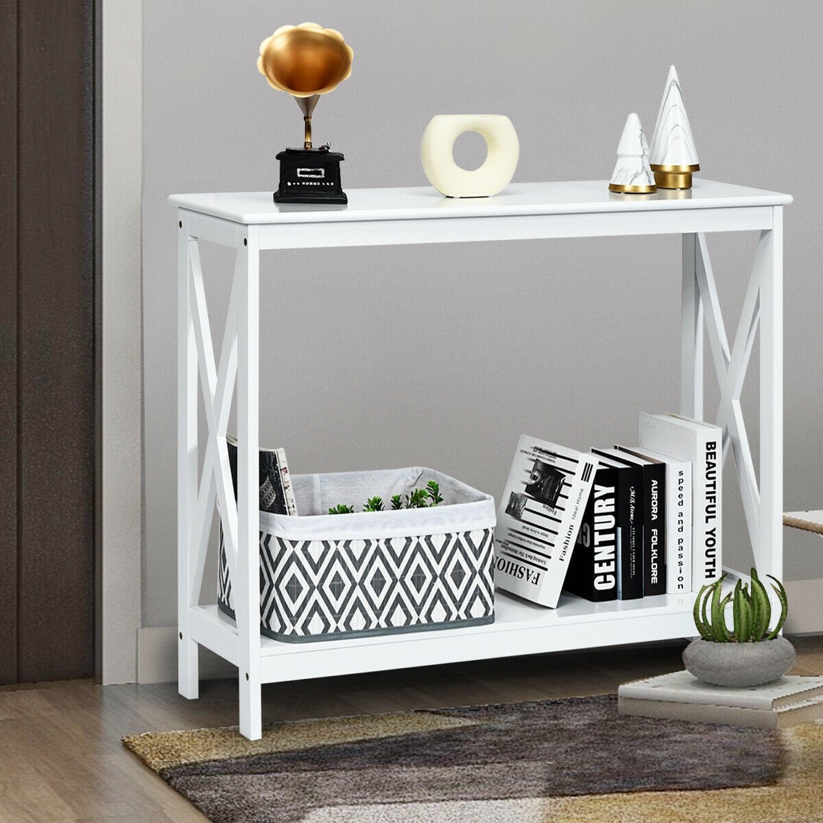 2-Tier Console X-Design Sofa Side Accent Table-Black