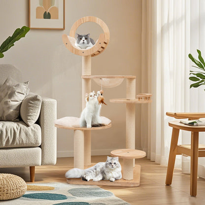 4-in-1 Large Wooden Cat Tower with Space Capsule Nest for Indoor Cats