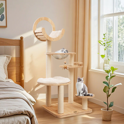 4-in-1 Large Wooden Cat Tower with Space Capsule Nest for Indoor Cats