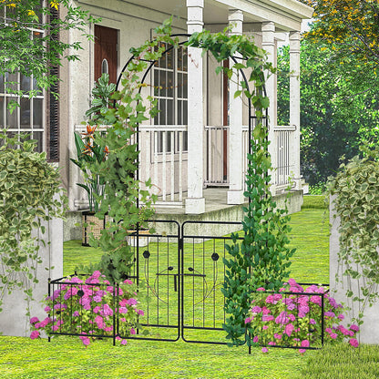 87 Inches Garden Arbor with Lockable Gate Side Planters-Black