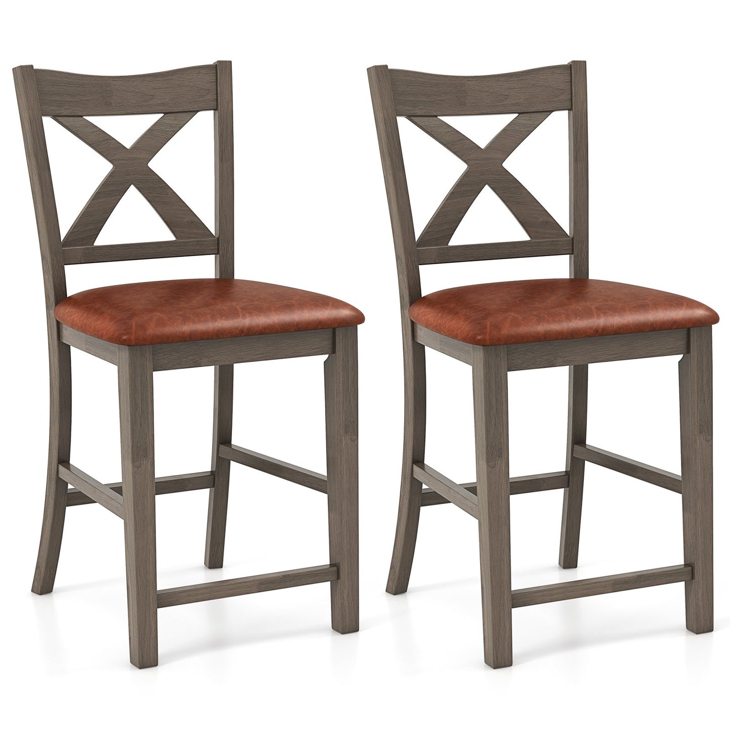 Bar Stools Set of 2 with Cross Back and Faux Leather Upholstered Seat-Gray