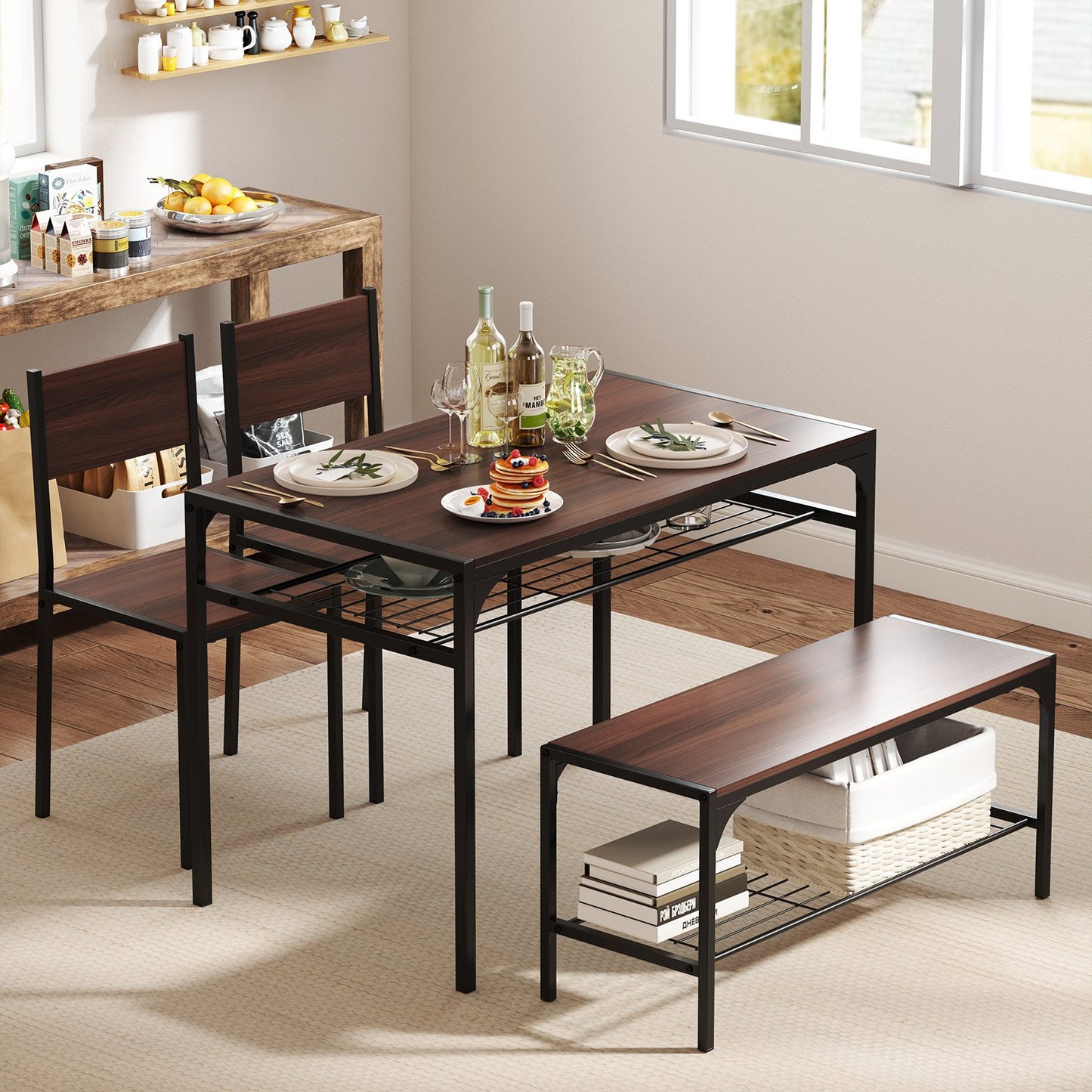 Industrial Style Rectangular Kitchen Table with Bench and Chairs-Gray
