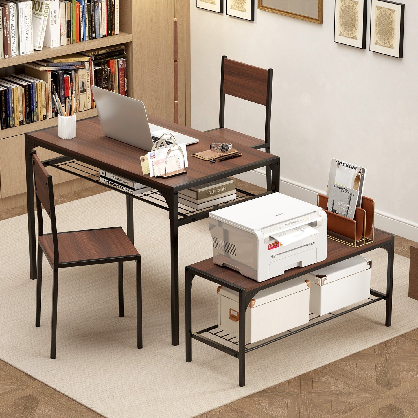 Industrial Style Rectangular Kitchen Table with Bench and Chairs-Gray