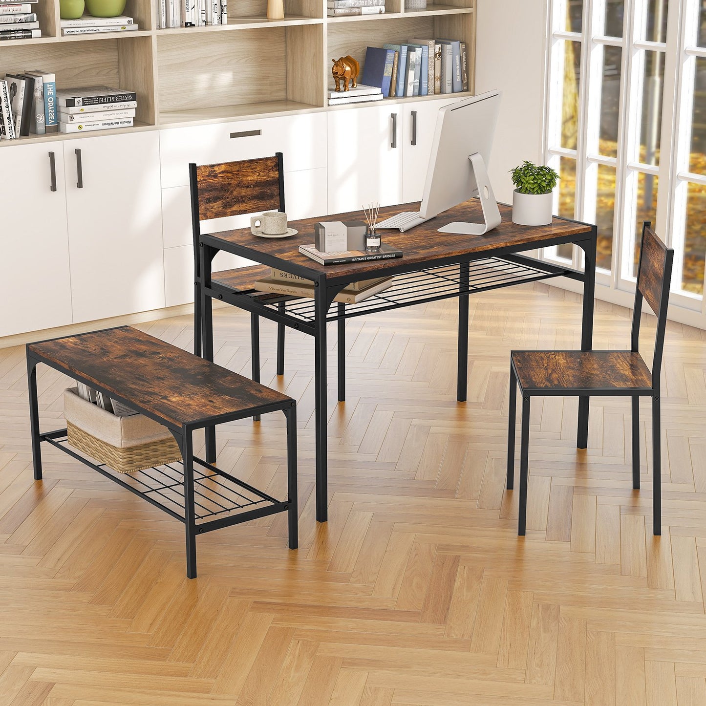 Industrial Style Rectangular Kitchen Table with Bench and Chairs-Gray